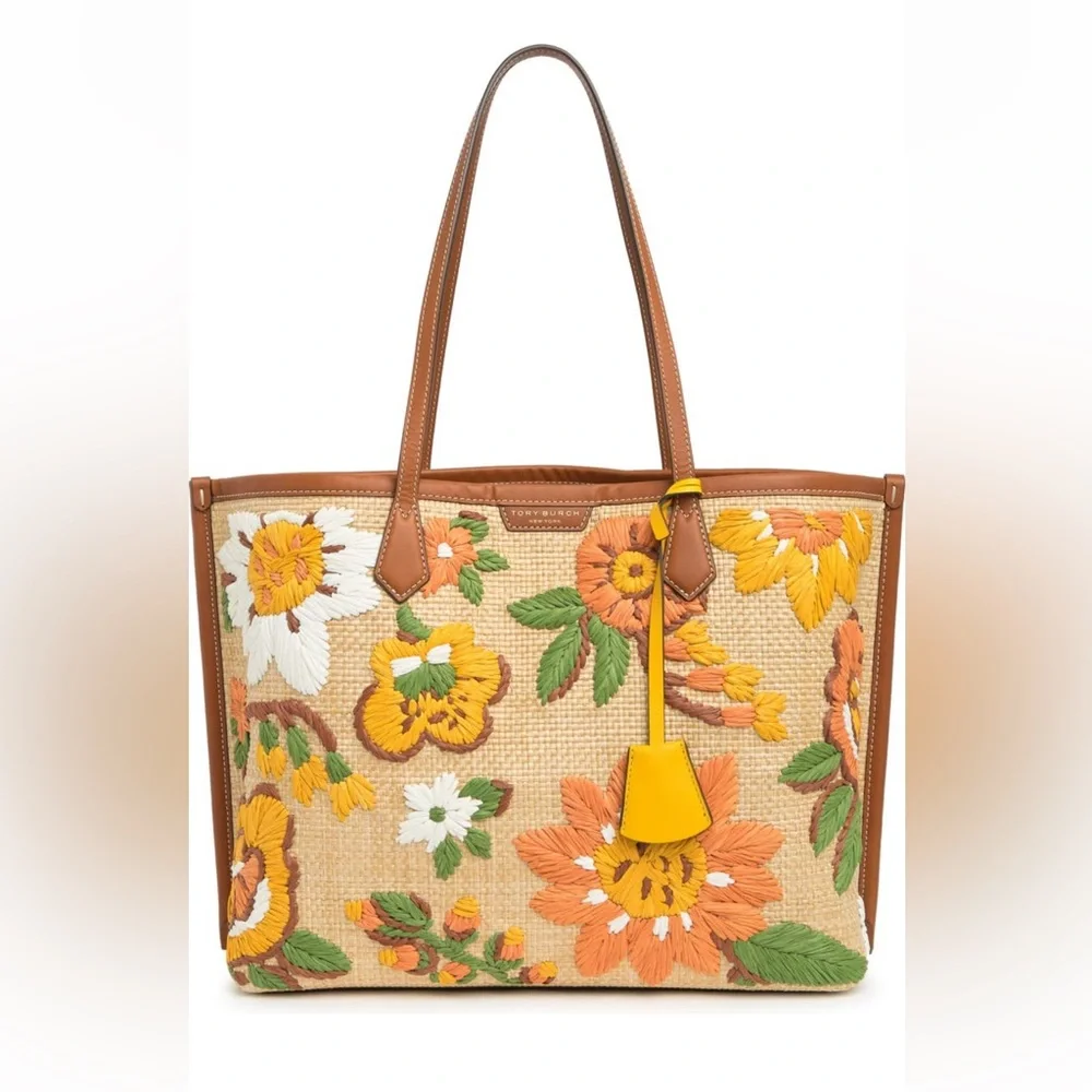 Tory Burch Perry Floral Embroidered Straw Tote Bag - Picture 7 of 11